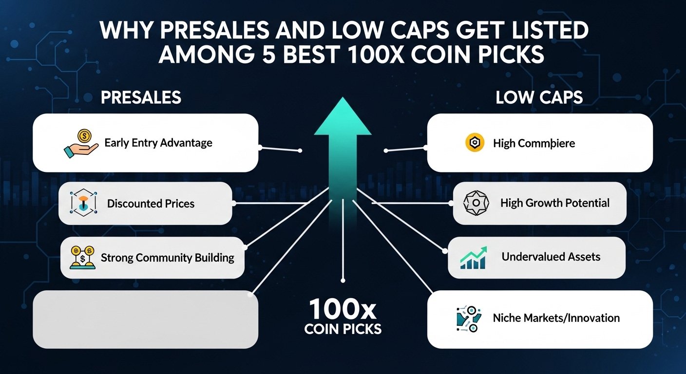 Why Presales and Low Caps Get Listed Among 5 Best 100x Coin Picks