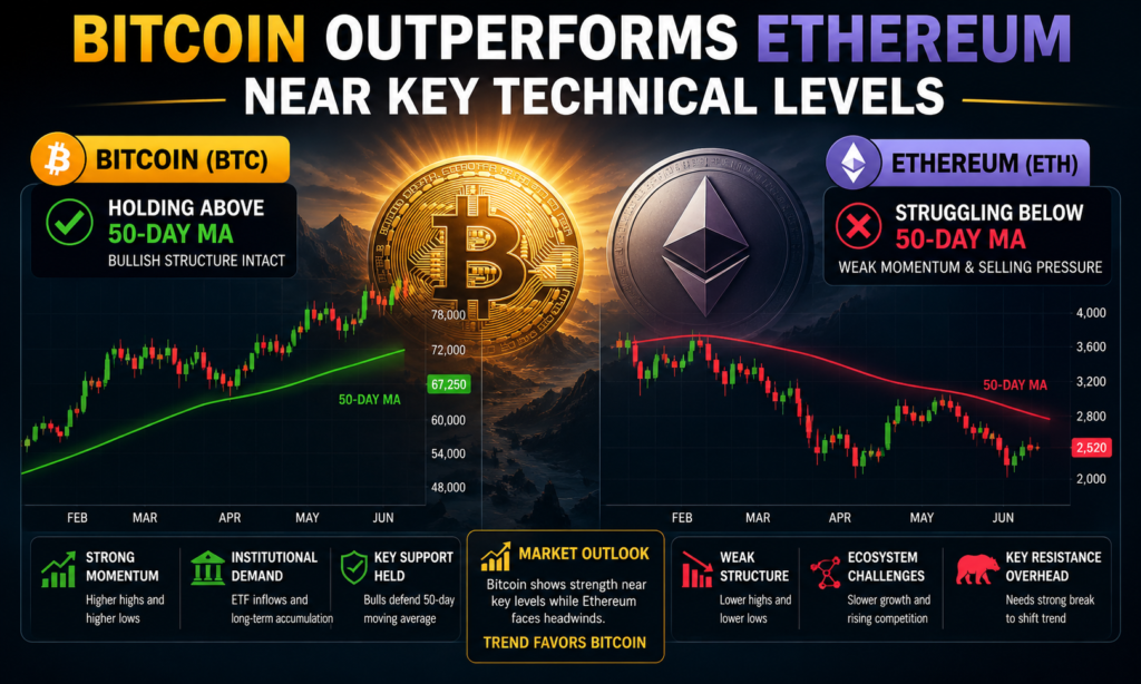 Bitcoin Holding Above 50-Day MA While Ethereum Struggles Bitcoin Outperforms Ethereum Near Key Technical Levels