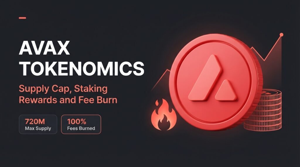 AVAX tokenomics concept with a red Avalanche coin, staking reward coins and a flame showing burned fees
