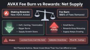 AVAX tokenomics infographic comparing staking rewards with 100 percent fee burn and showing risks like validator downtime and low activity