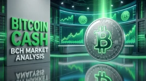 Bitcoin Cash News banner with a silver BCH coin and green price charts in a news studio background