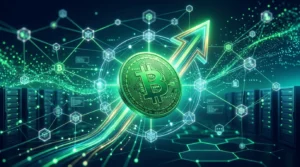Glowing green Bitcoin Cash logo on a digital blockchain data background with price chart lines