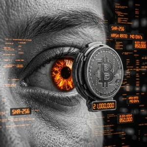 Close-up of a human eye with glowing orange iris and a Bitcoin coin lens in front of digital data screens