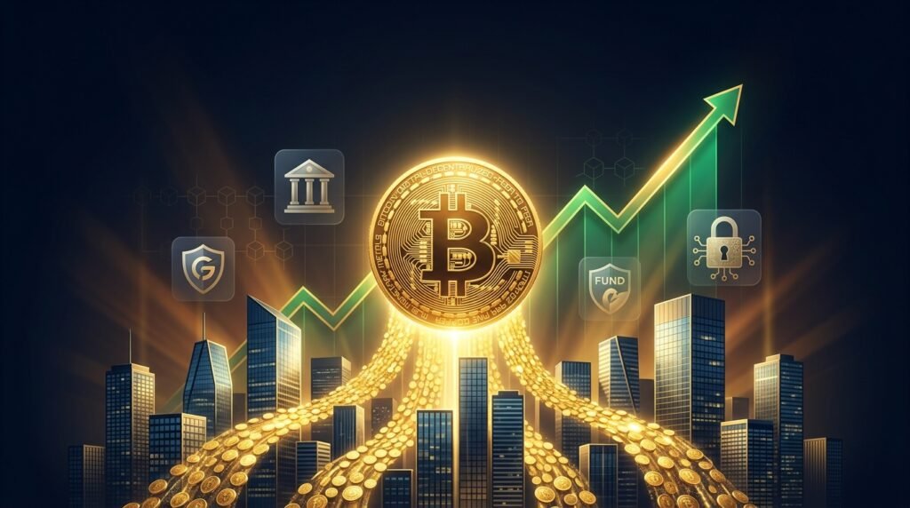 Golden Bitcoin rising above bank towers and a rising chart showing the Bitcoin future outlook with institutional money