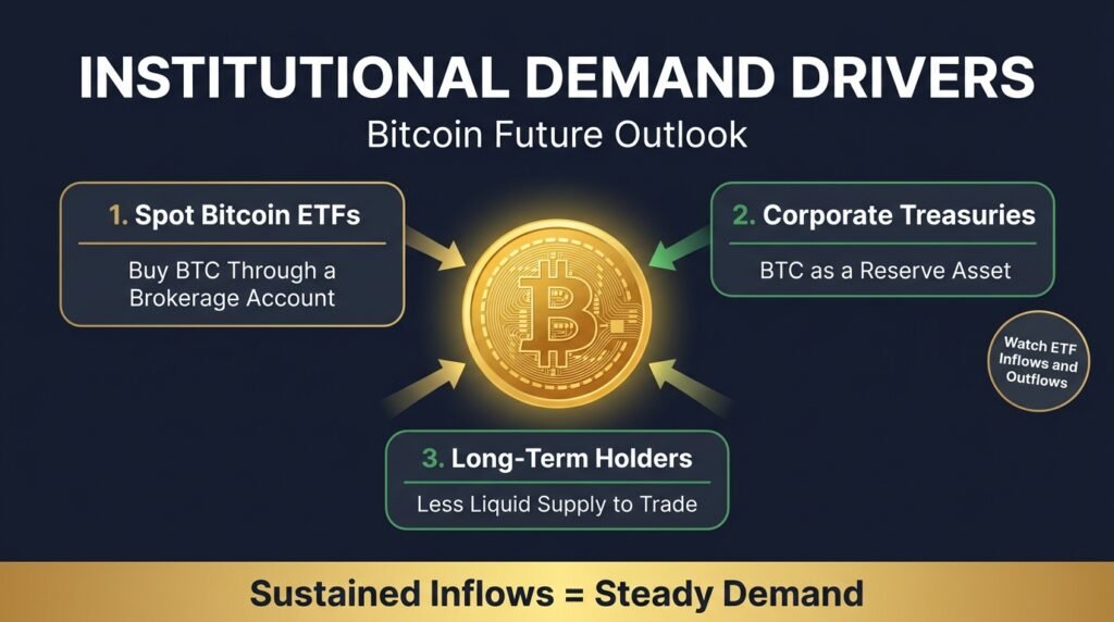 Infographic of spot ETFs, corporate treasuries, and long-term holders as demand drivers in the Bitcoin future outlook