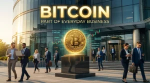 Large golden Bitcoin monument outside a corporate office building with people walking in and out