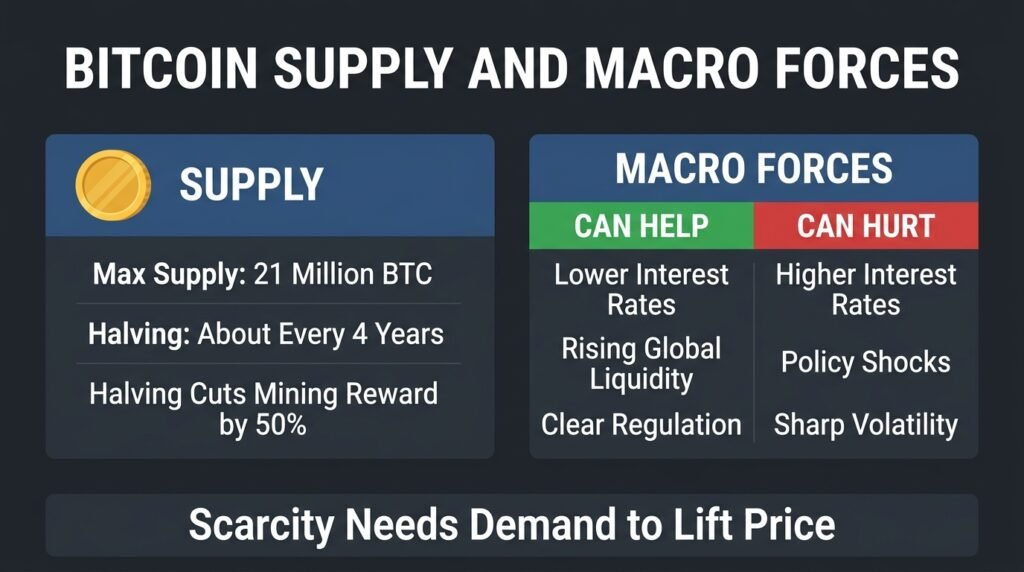 Infographic of Bitcoin’s 21 million supply cap, halving cycle, and macro forces in the Bitcoin future outlook