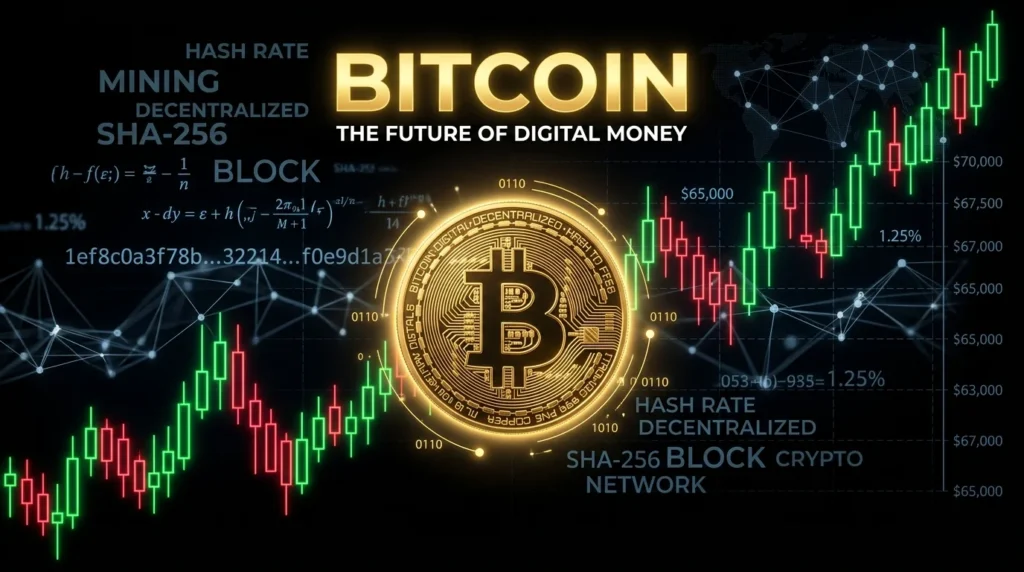Golden Bitcoin coin floating in front of glass office skyscrapers with holographic charts and math formulas
