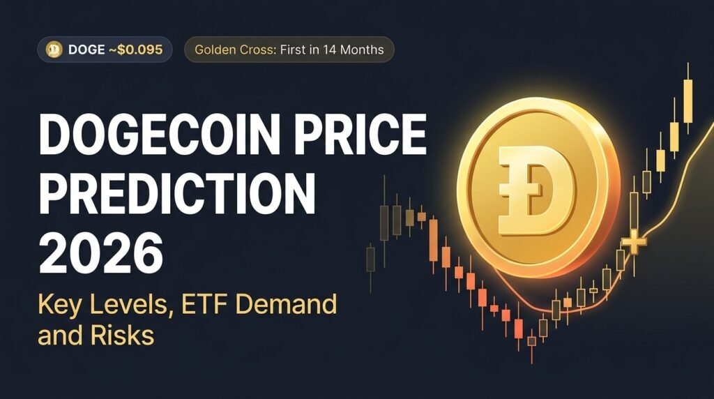 Dogecoin (DOGE) Price Prediction 2026: Where Is the Meme Coin Headed Next? Dogecoin price prediction 2026 concept with a golden DOGE coin in front of a candlestick chart showing a golden cross