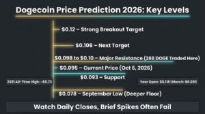 Dogecoin price prediction 2026 price ladder showing resistance at $0.098 to $0.10, current price $0.095 and support at $0.093 and $0.078