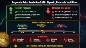 Dogecoin price prediction 2026 comparison of bullish signals like the golden cross and whale buying against weak ETF inflows and daily supply