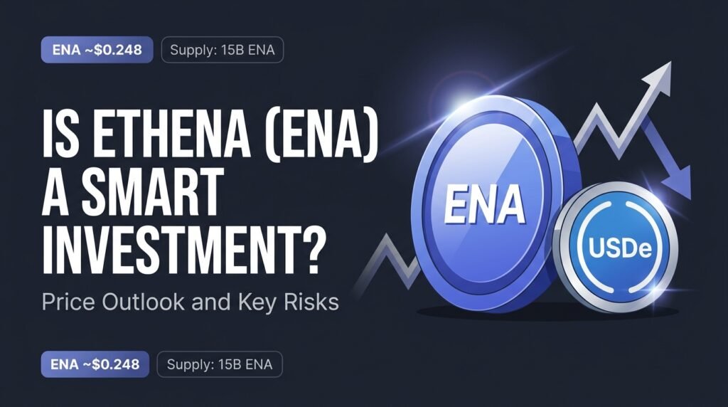 Is Ethena (ENA) a Smart Investment? Price Outlook and Key Risks Ethena ENA price outlook concept with a flat ENA coin, a USDe dollar coin and a zigzag price arrow