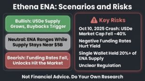 Ethena ENA scenarios and risks infographic comparing bullish, neutral and bearish cases with the 40 percent USDe drop after the October 2025 crash