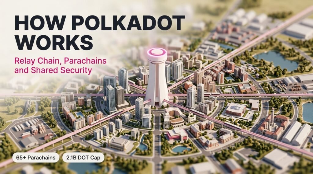 How Polkadot works shown as a miniature city with a central Relay Chain tower connected by rails to parachain districts
