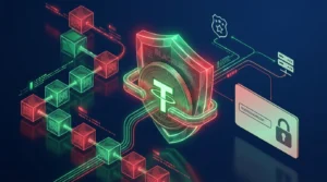 Tether USDT coin inside a blacklist shield showing how a USDT wallet freeze works on the blockchain