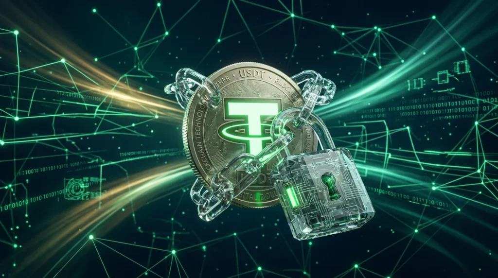 Tether USDT coin with magnifying glass scanning wallet addresses for sanctions compliance
