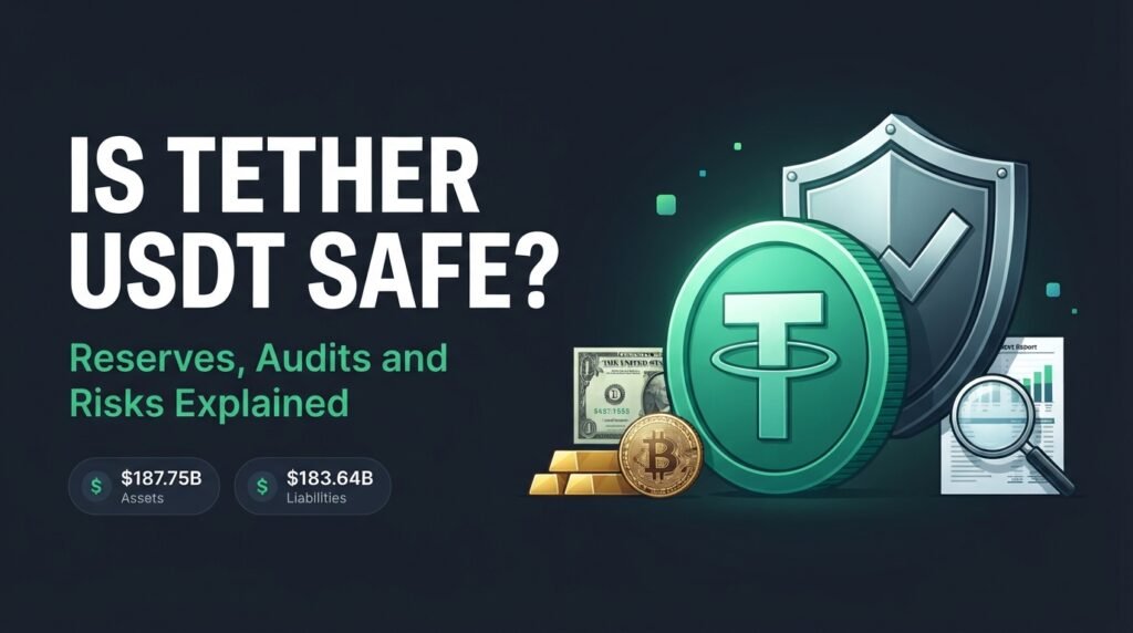 Is Tether USDT safe concept with a green USDT coin, protective shield, gold, Bitcoin and Treasury bills backing the reserves