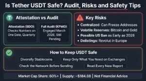 Is Tether USDT safe infographic comparing BDO attestations with the pending KPMG audit, plus key risks and safety tips