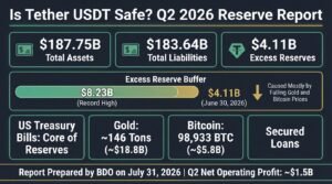 Is Tether USDT safe infographic showing $187.75 billion in assets, $183.64 billion in liabilities and a $4.11 billion excess reserve buffer