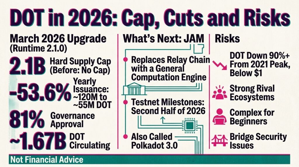 How Polkadot works with the 2.1 billion DOT supply cap, 53.6 percent lower issuance, the JAM upgrade and key risks