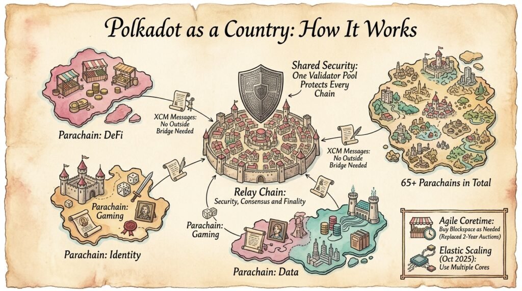 How Polkadot works illustrated as a watercolor map with the Relay Chain as the capital and parachains as connected regions