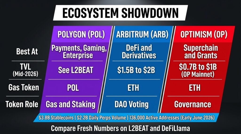 Polygon vs Arbitrum vs Optimism ecosystem comparison showing Arbitrum with $3.8 billion in stablecoins and 136,000 active addresses