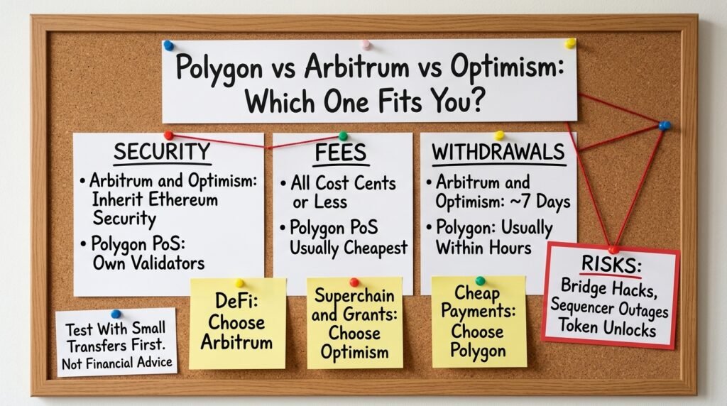 Polygon vs Arbitrum vs Optimism comparison of security, fees, seven-day withdrawals and risks on a corkboard