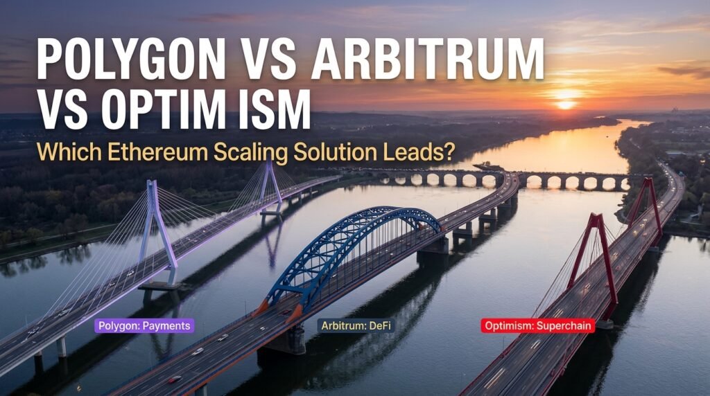 Polygon vs Arbitrum vs Optimism shown as three different bridges crossing one river at sunset