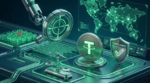 Tether USDT coin with magnifying glass scanning wallet addresses for sanctions compliance