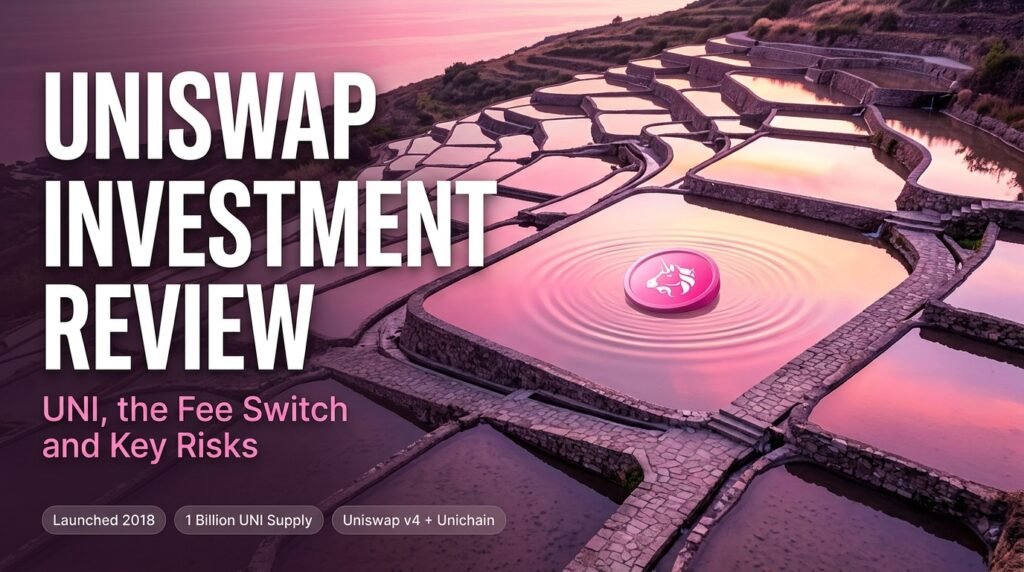 Uniswap investment review concept with a pink UNI coin floating in terraced liquidity pools at sunset