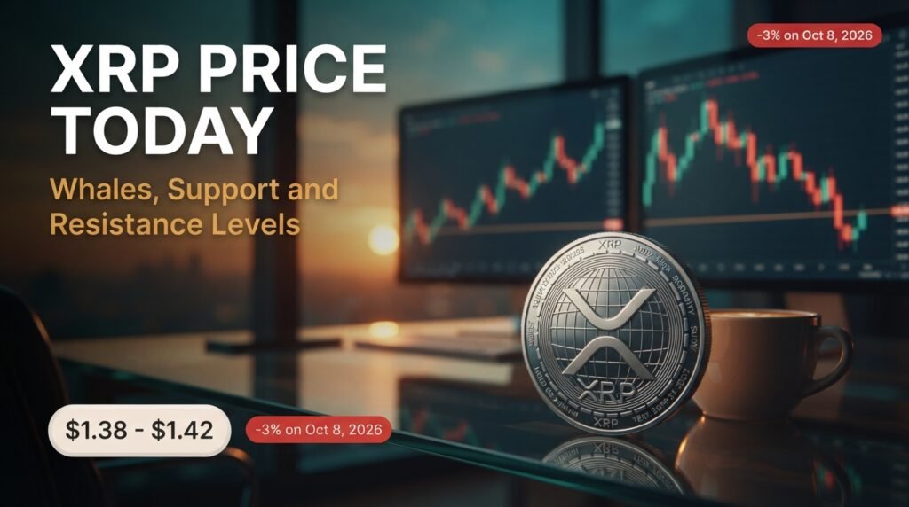 XRP price today concept with a silver XRP coin on a trader’s desk in front of a falling candlestick chart