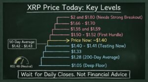 XRP price today chalkboard chart showing support at $1.40, $1.33 and $1.28 and resistance at $1.50 and $1.70