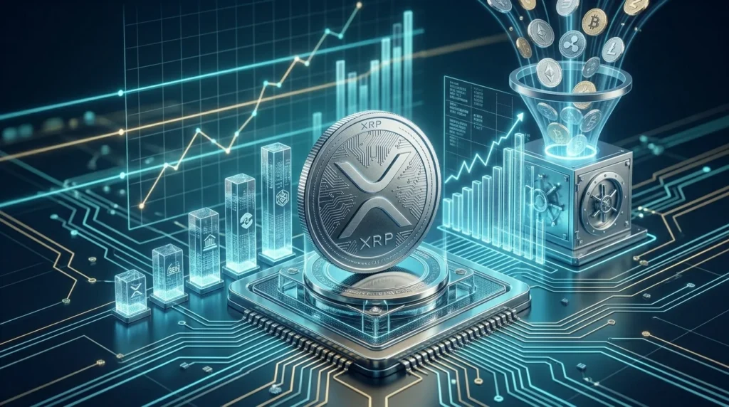 XRP coin in a glowing blockchain network with a rising chart showing XRPL upgrades and ETF inflows