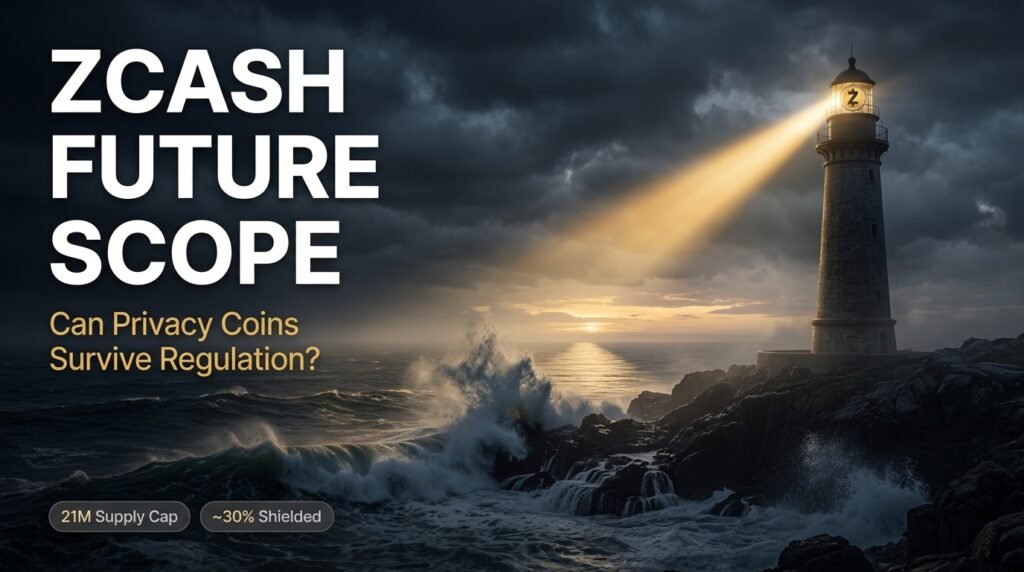 Zcash future scope concept with a golden lighthouse beam cutting through a storm over a dark coast