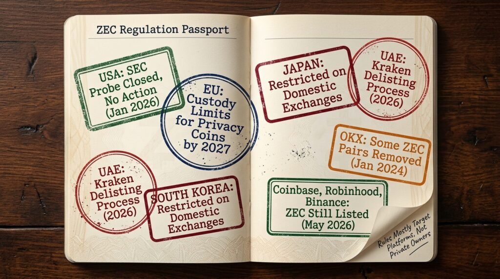 Zcash future scope passport stamps showing the SEC probe closed in the US, EU custody limits by 2027 and regional exchange restrictions