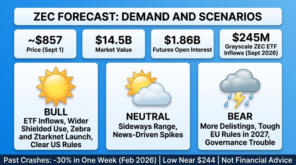 Zcash future scope weather-style forecast showing a $857 price, $14.5 billion market value and bull, neutral and bear scenarios