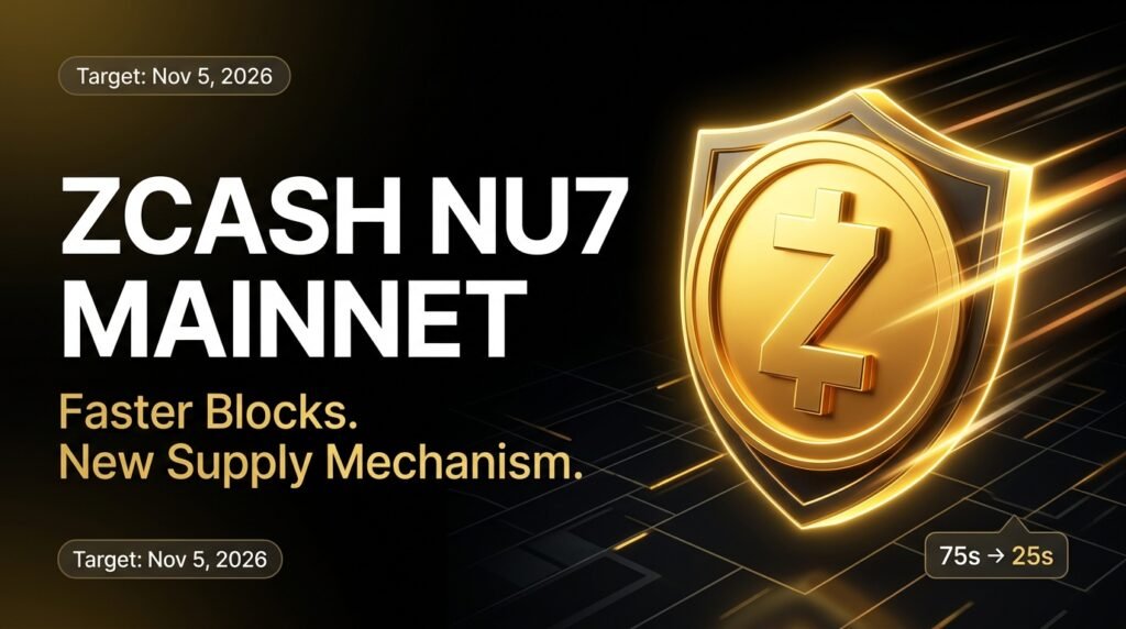 Zcash NU7 mainnet upgrade concept with a glowing golden ZEC coin, shield and speed streaks